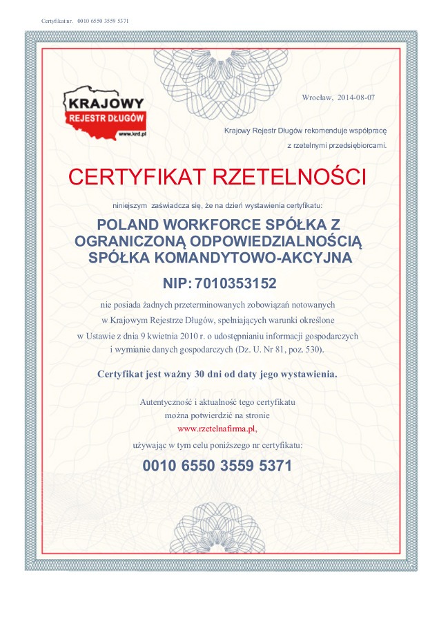 Certyfikat Rzetelnosci